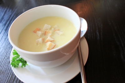 Potato Soup in White Bowl with Garnish